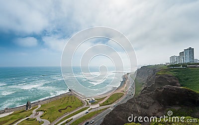 Lima, Peru. Landscape from Miraflores. South Pacific Ocean and living area in Background Stock Photo