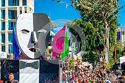 Limassol, Cyprus - March 01, 2020: Carriage with large colorful figure at the annual Grand Carnival Parade Editorial Stock Photo