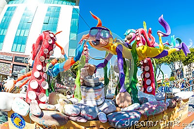 Limassol, Cyprus - March 01, 2020: Carriage with large colorful figure of a Diver at the annual Grand Carnival Parade Editorial Stock Photo