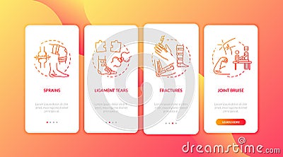 Limb traumatism onboarding mobile app page screen with concepts. Bone and cartilage fractures walkthrough 4 steps Vector Illustration