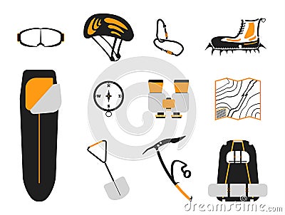 Ð¡limbing set: carbines, Ice ax, boots with crampons, backpack Vector Illustration