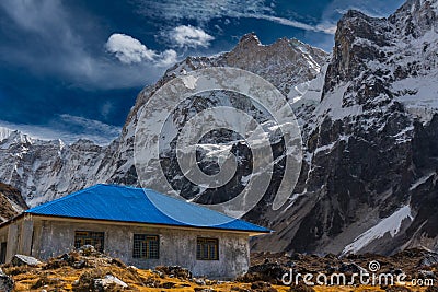 Limbu Kirati sacred mountain Phaktanglung and temple seen from Jannu Base Camp in Himalaya, Nepal Stock Photo