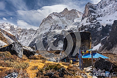 Limbu Kirati sacred mountain Phaktanglung and temple seen from Jannu Base Camp in Himalaya, Nepal Stock Photo