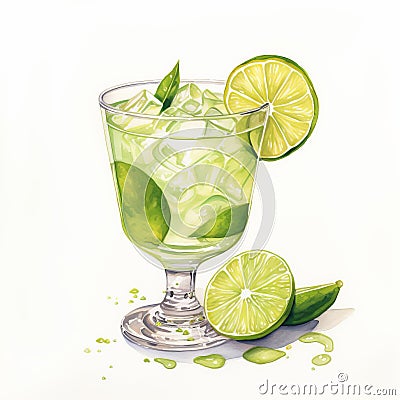 Realistic Watercolor Illustration Of Lime Margarita Cocktail Cartoon Illustration