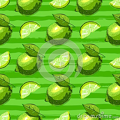 Lime fruit seamless pattern. Citrus fruits repeat background. Lime and lime slice on a striped green background. Vector Vector Illustration