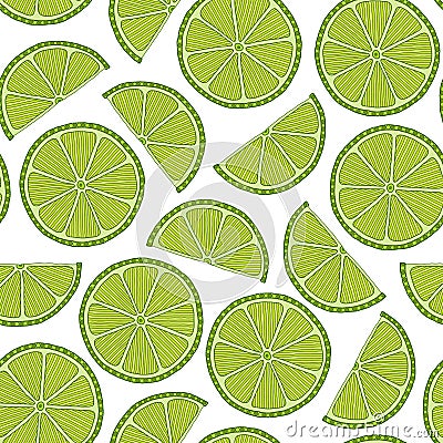 Lime with green leaves, slice citrus white background Vector Illustration