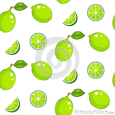 Lime with green leaves on white background. Citrus seamless vector pattern. Vector Illustration