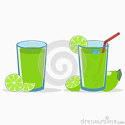 Lime juice in a glass with lime slice and half. Natural fresh citrus drink with straw and ice cube. Vector. Vector Illustration