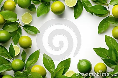 lime and lemon with green leaves in a frame on a white background, Generative AI Stock Photo