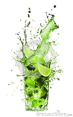 lime mojito, lime green tea splashing from a glass, colorful fresh drink pouring from a glass, isolated element Stock Photo