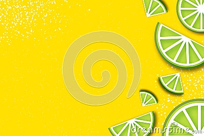 Lime in paper cut style. Origami juicy ripe lime citrus slices. Healthy food on yellow. Summertime. Vector Illustration