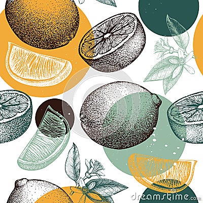 Vector seamless pattern with ink hand drawn orange fruit, flowers and leaves sketch. Vintage citrus background isolated on white Stock Photo