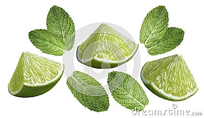 LIme pieces mint leaves set isolated on white background Stock Photo