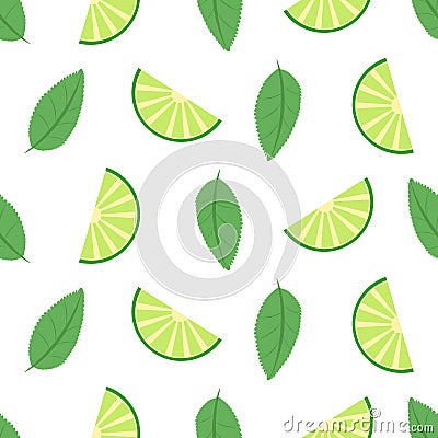 Lime seamless pattern with juicy limes on tree green flat . Cool refreshing summer mojito, mint leaves and lime. Floral Patt Stock Photo