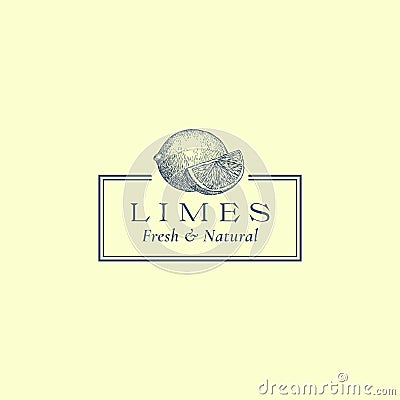 Lime with a Slice Abstract Vector Sign, Symbol or Logo Template. Hand Drawn Fruits Sillhouette Sketch with Elegant Retro Vector Illustration