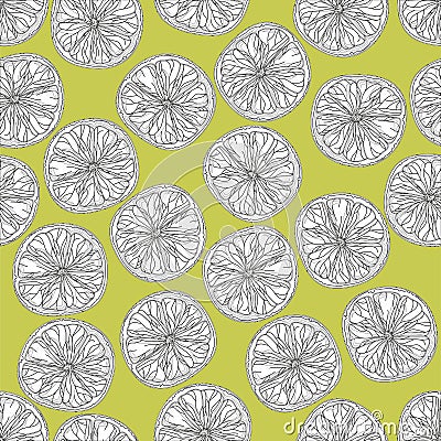Lime slices seamless pattern in black and white on yellow green background Vector Illustration