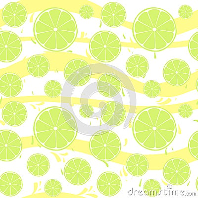 Lime slices seamless pattern splash on yellow white Vector Illustration