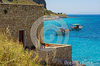 View of a traditional house in Limeni village in Mani, Peloponnese, Greece Stock Photo