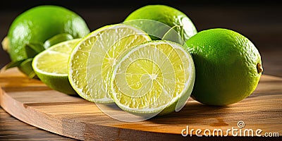 Limes on Wooden Cutting Board. Summer Ripe Citrus Fruits. Sour Citrous. Generative AI Stock Photo