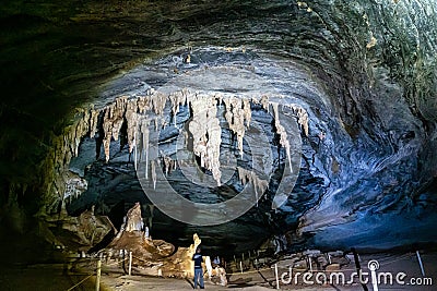 Limestone cave of stalactite and stalagmite formations, Gruta da Lapa Doce Cave, Chapada Diamantina in Bahia, Brazil Editorial Stock Photo