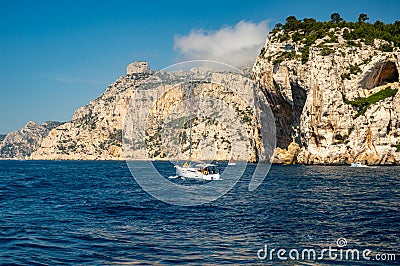 Limestone cliffs near Cassis, boat excursion to Calanques national park in Provence, France Editorial Stock Photo