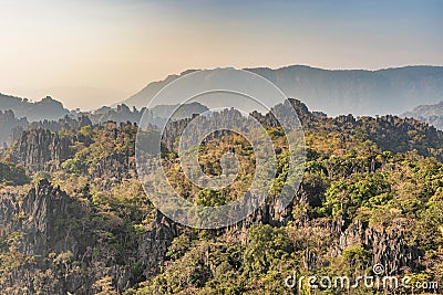 Limestone forest landscape in Laos. Stock Photo