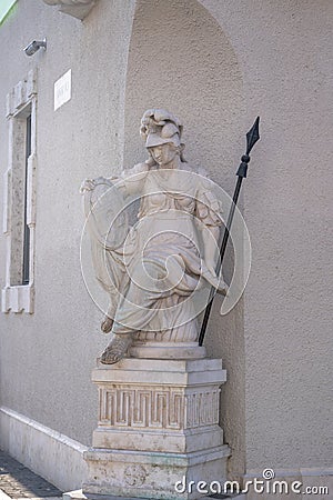 Limestone Statue of Pallas Athena on trinity square at Fisherman Square in Budapest, Hungary Stock Photo