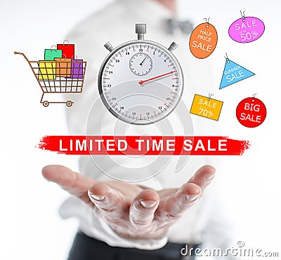 Limited time sale concept levitating above a hand Stock Photo