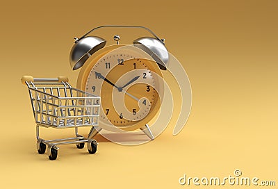 Limited Time shopping cart with retro alarm clock isolated on a yellow background Stock Photo