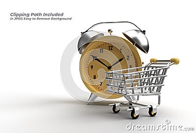 Limited Time Shopping Cart with Retro Alarm Clock Pen Tool Created Clipping Path Included in JPEG Easy to Composite Stock Photo