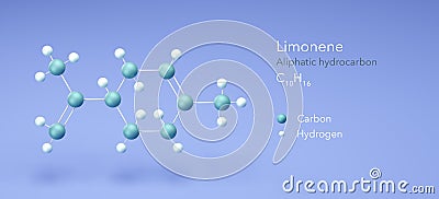 limonene, aliphatic hydrocarbon, molecular structures, 3d model, Structural Chemical Formula and Atoms with Color Coding Stock Photo