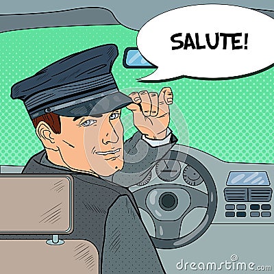 Limousine Driver. Chauffeur Saluting Passenger. Pop Art illustration Vector Illustration