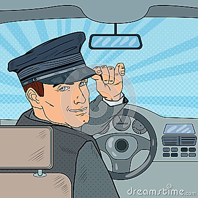 Limousine Driver Inside a Car. Chauffeur Saluting Passenger. Pop Art illustration Vector Illustration