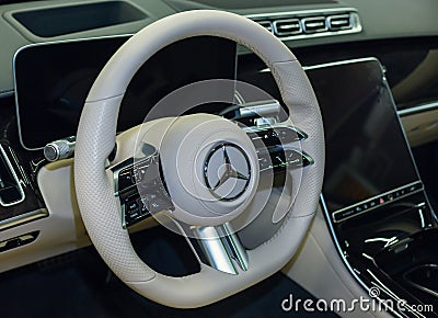 Limousine, luxury car Mercedes Benz S500 S class w223 interior dashboard with steering wheel. Editorial Stock Photo
