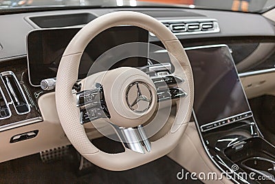 Limousine, luxury car Mercedes Benz S500 S class w223 interior dashboard with steering wheel close up view. Editorial Stock Photo