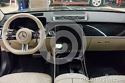 Limousine, luxury car Mercedes Benz S500 S class w223 interior dashboard with steering wheel. Editorial Stock Photo