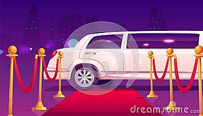 Limousine at empty red carpet with rope barrier. Vector Illustration