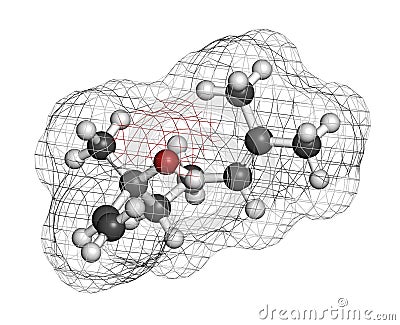 Linalool scent molecule. 3D rendering. Atoms are represented as spheres with conventional color coding: hydrogen (white), carbon ( Stock Photo
