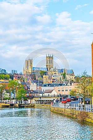 Lincoln cathedral overlooking Brayford pool, England Editorial Stock Photo