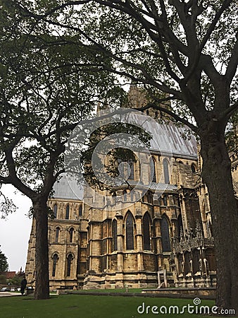 Lincoln Cathedral seen through the trees on the Minster Yard Editorial Stock Photo