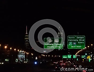 Lincoln Tunnel Jersey City Sign Night Scene Editorial Stock Photo