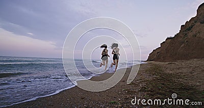 Linda vista paisagística na praia duas mulheres bonitas correndo juntas pela manhã vestindo o juramento esportivo vídeos de arquivo Linda vista paisagística na praia duas mulheres bonitas correndo juntas pela manhã vestindo o juramento esportivo vídeos de arquivo