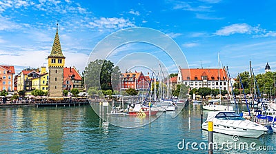 Lindau town in Bavaria, Germany. Panorama of harbor at Lake Constance Bodensee in summer Stock Photo