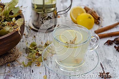 Linden and linden tea. Herbal tea made from linden. Detox herbal tea Stock Photo