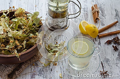 Linden and linden tea. Herbal tea made from linden. Detox herbal tea Stock Photo