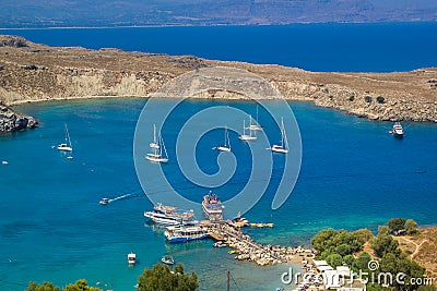 Lindos Beach at Rhodes Island Rodos Aegean Region, Greece Editorial Stock Photo