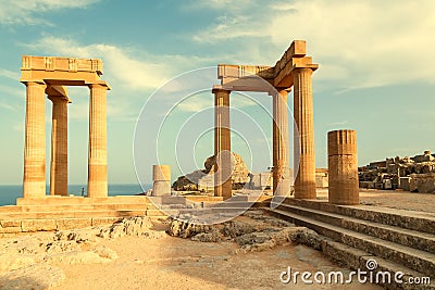 Lindos Medivial castle with some ancient parts including the temple of Lindia Athena, in the island of Rhodes at Dodecanese, Stock Photo