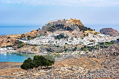 Lindos town cityscape and Lindos castle, Rhodes island, Greece Stock Photo