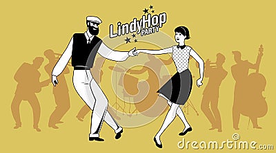 Lindy Hop Party. Young hipster couple dancing swing. Cartoon sty Vector Illustration