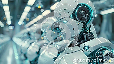 Line of advanced humanoid robots in a futuristic lab setting. Concept of AI and robotics in modern technological Stock Photo